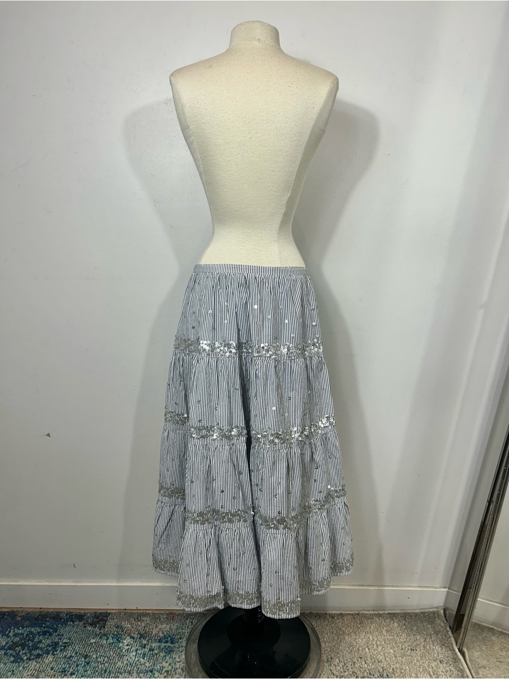 Rose and Rose Striped Sequin Tiered Maxi Skirt Blue White Cotton Boho Size XS - Picture 6 of 9